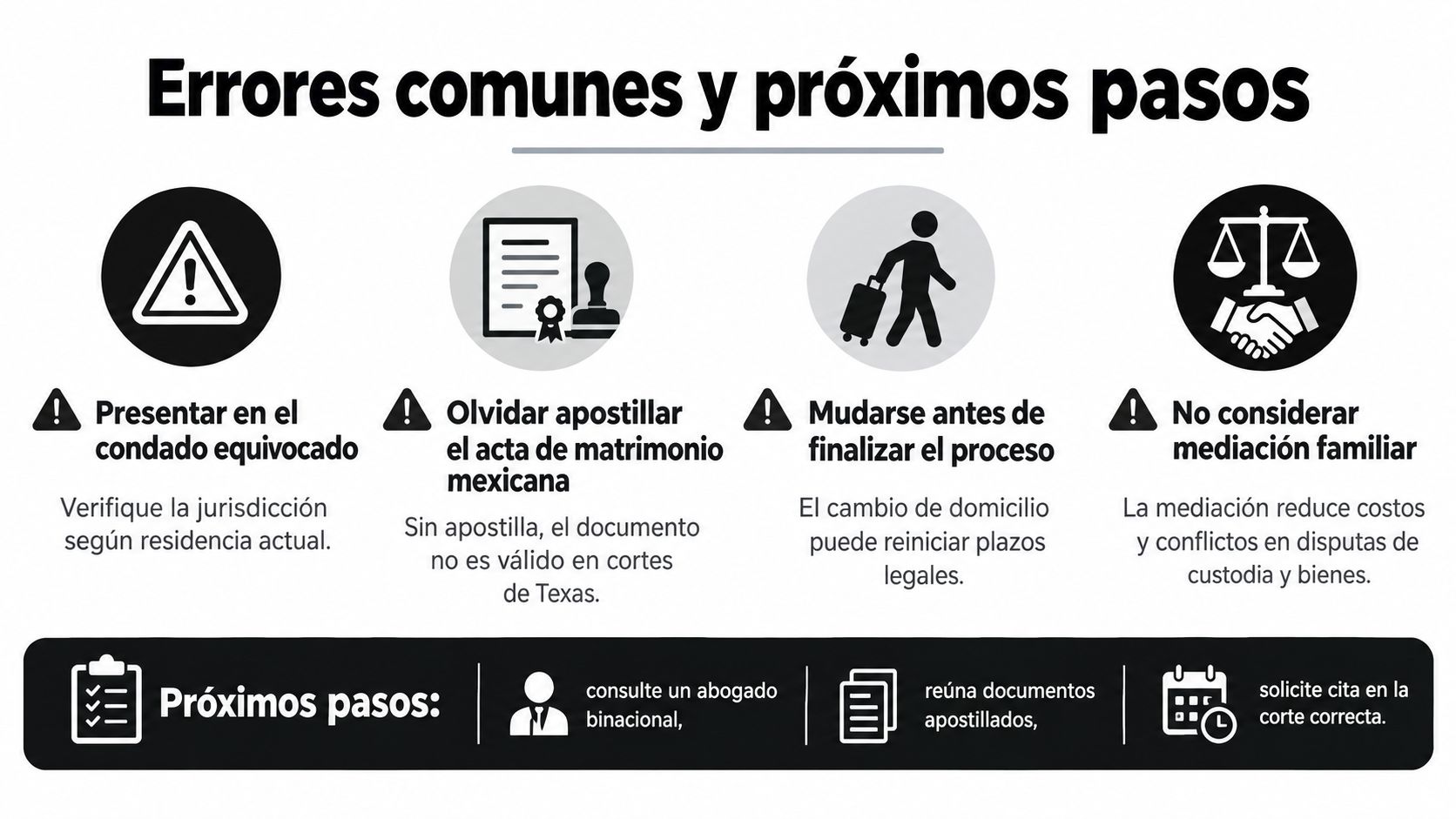 Infografía sobre errores comunes al tramitar divorcios binacionales entre México y Texas y sus próximos pasos.