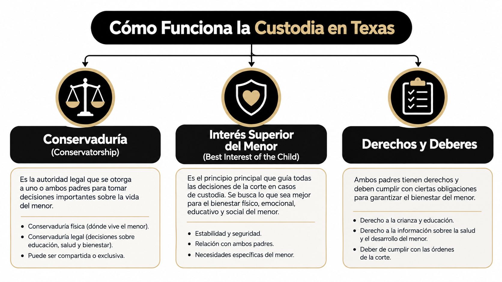 Infografía sobre cómo funciona la custodia de menores en el estado de Texas, explicando conceptos legales fundamentales.