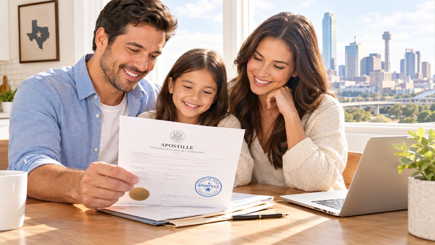 Una familia feliz revisa un documento de apostilla en una mesa frente a una vista urbana.