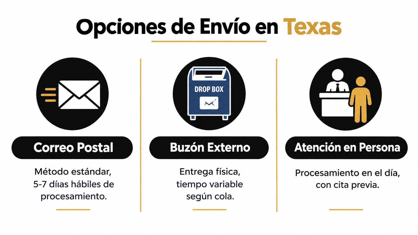 Gráfico que detalla las tres opciones disponibles para enviar documentos en Texas para el trámite de apostilla.